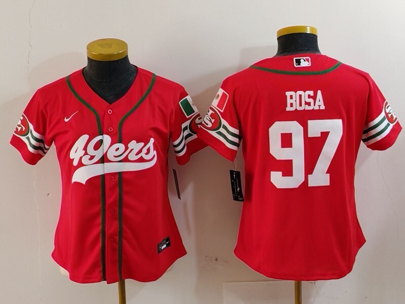 49ers 23/24 Bosa #97 Red/White Women NFL Baseball Style Jersey
