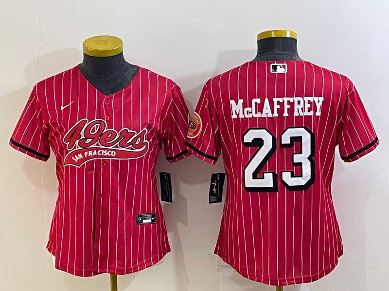 49ers 23/24 McCaffrey #23 Red/White/Black Stripes Women NFL Baseball Style Jersey