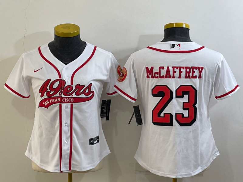 49ers 23/24 McCaffrey #23 White/Red/Black Women NFL Baseball Style Jersey