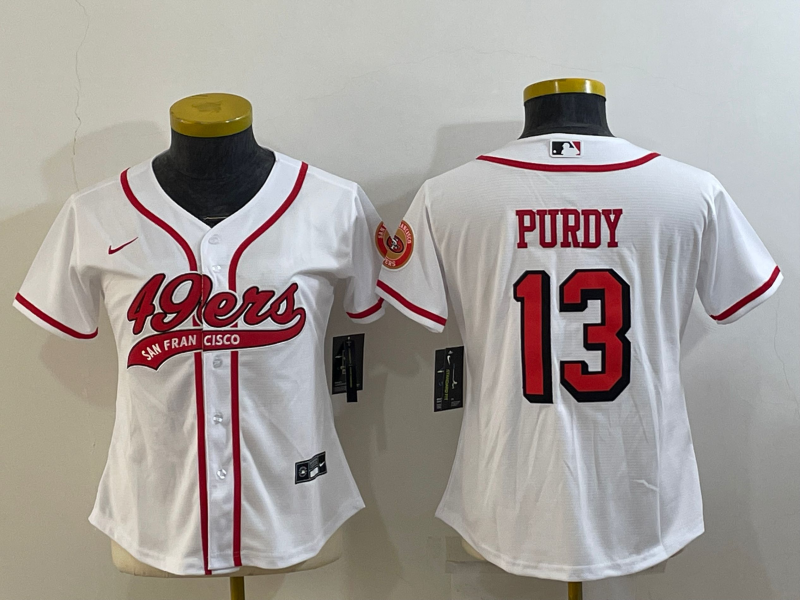49ers 23/24 Purdy #13 White/Red/Black Women NFL Baseball Style Jersey