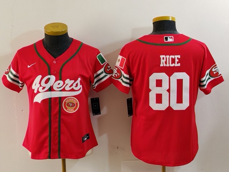49ers 23/24 Rice #80 Red/White Women NFL Baseball Style Jersey
