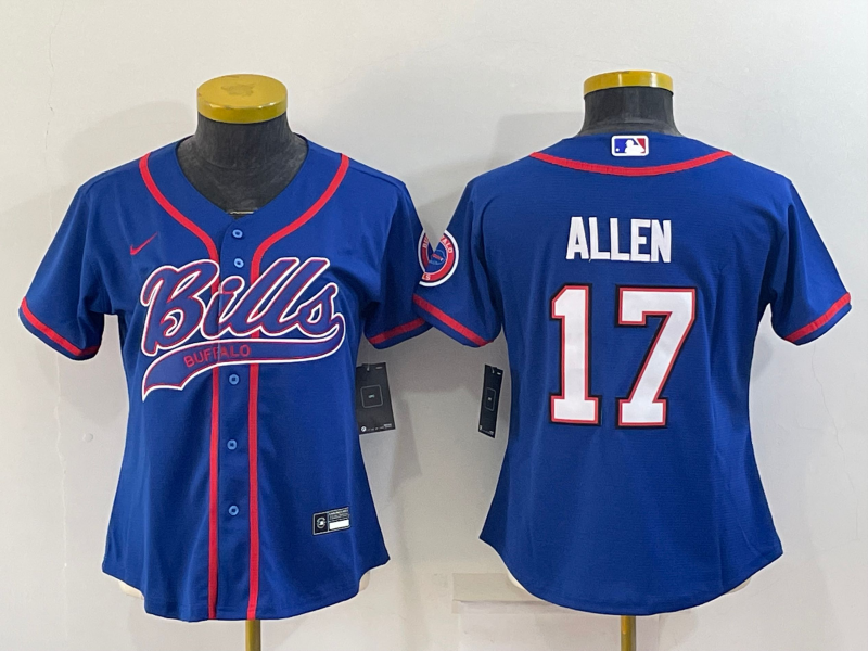 Bills 2022/23 Allen #17 Royal Blue/White Women NFL Baseball Style Jersey