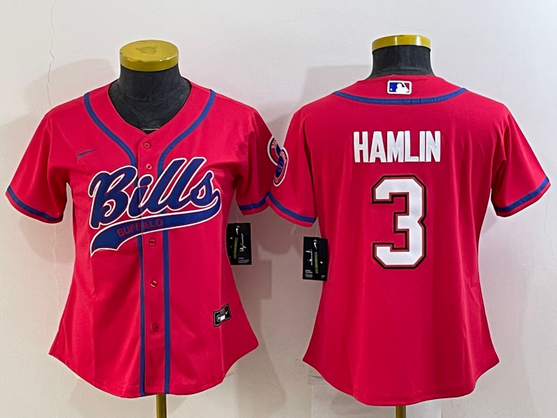 Bills 2022/23 Hamlin #3 Red/Blue/White Women NFL Baseball Style Jersey