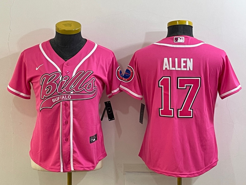 Bills 2023/24 Allen #17 Pink/White Women NFL Baseball Style Jersey