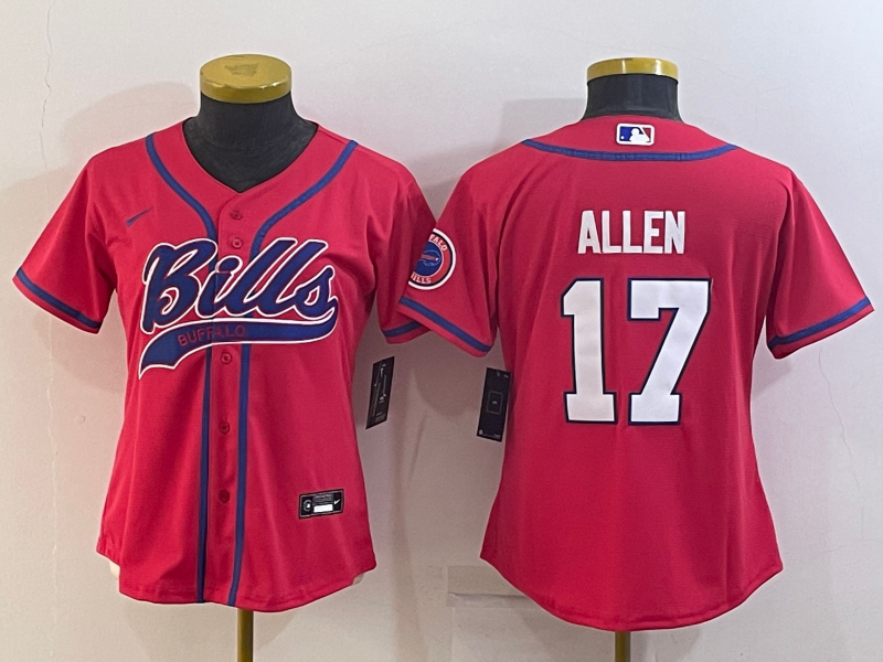 Bills 2023/24 Allen #17 Red/Blue/White Women NFL Baseball Style Jersey