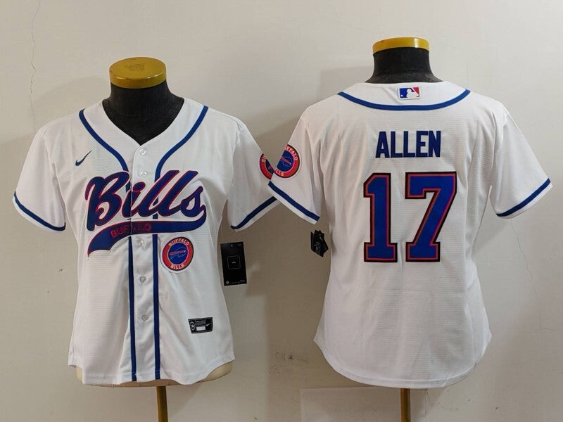 Bills 2023/24 Allen #17 White/Blue Women NFL Baseball Style Jersey