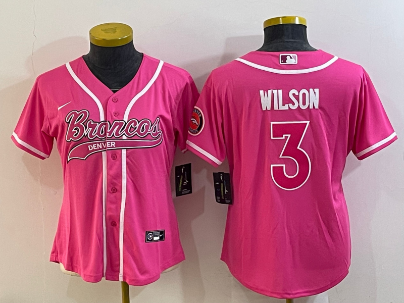 Broncos 2021/22 Wilson #3 Pink/White Women NFL Baseball Style Jersey