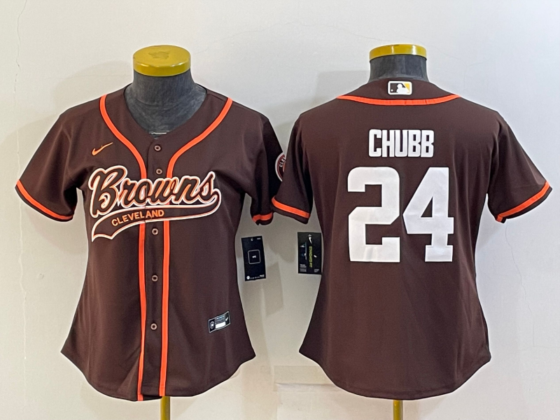 Browns 2021/22 Chubb #24 Brown/White Women NFL Baseball Style Jersey