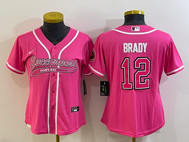Buccaneers 2021/22 Brady #12 Pink/White Women NFL Baseball Style Jersey