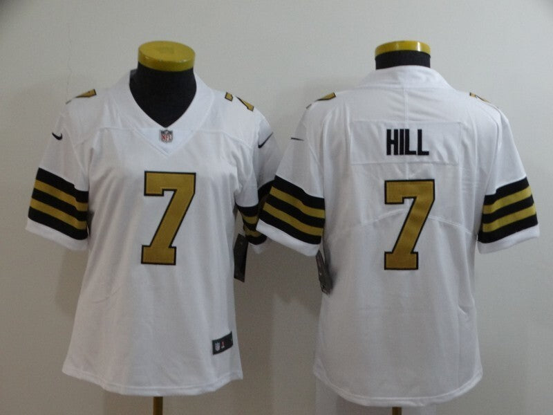 Saints 2021/22 Hill #7 White/Gold/Black Women NFL Jersey