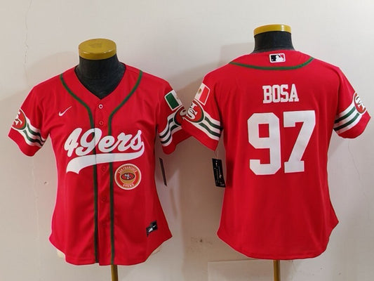 49ers 23/24 Bosa #97 Red/White Women NFL Baseball Style Jersey