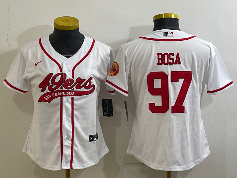 49ers 23/24 Bosa #97 White/Red Women NFL Baseball Style Jersey