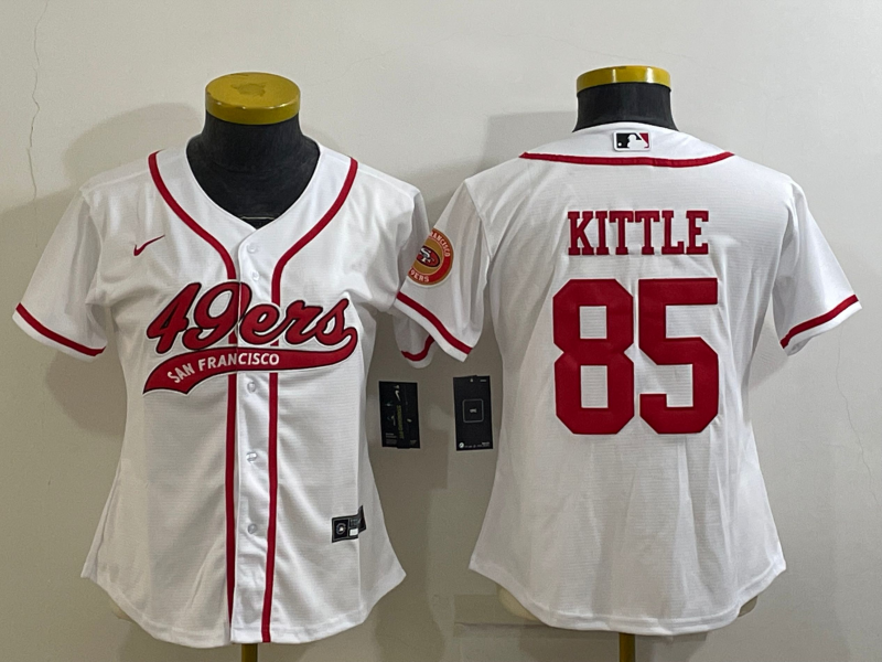 49ers 23/24 Kittle #85 White/Red Women NFL Baseball Style Jersey