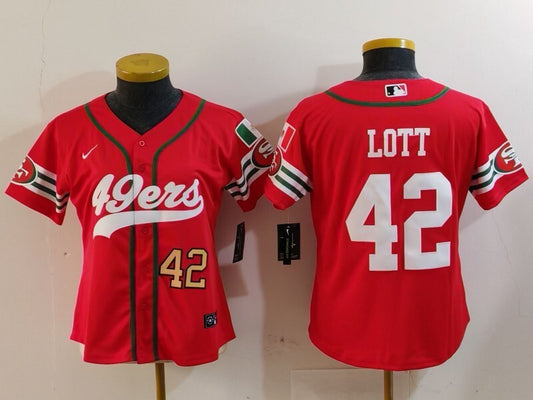 49ers 23/24 Lott #42 Red/White Women NFL Baseball Style Jersey