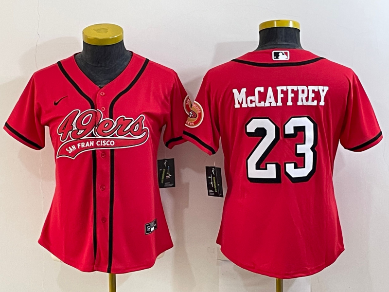 49ers 23/24 McCaffrey #23 Red/White/Black Women NFL Baseball Style Jersey
