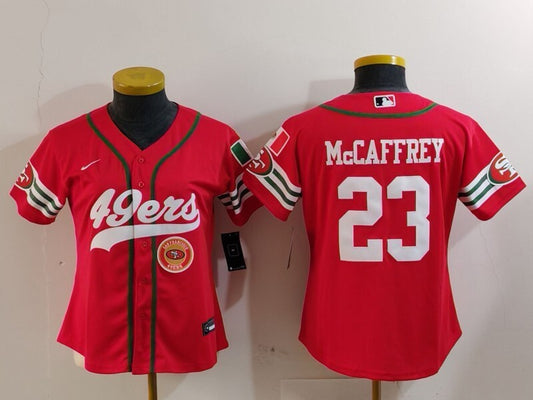 49ers 23/24 McCaffrey #23 Red/White Women NFL Baseball Style Jersey