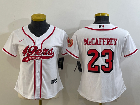 49ers 23/24 McCaffrey #23 White/Red/Black Women NFL Baseball Style Jersey