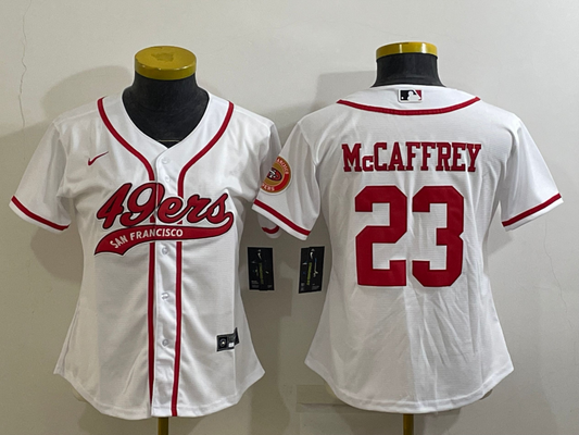 49ers 23/24 McCaffrey #23 White/Red Women NFL Baseball Style Jersey