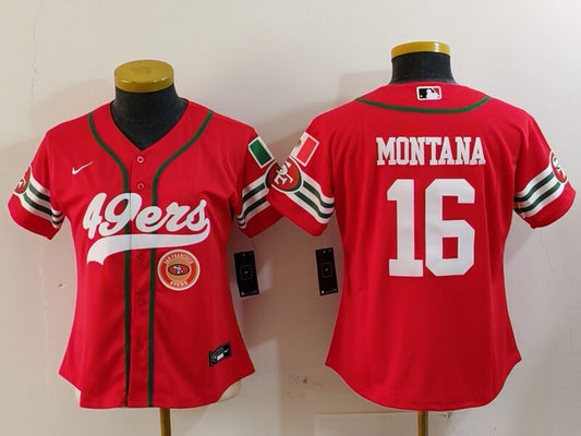 49ers 23/24 Montana #16 Red/White Women NFL Baseball Style Jersey