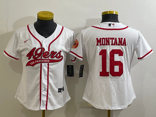 49ers 23/24 Montana #16 White/Red Women NFL Baseball Style Jersey