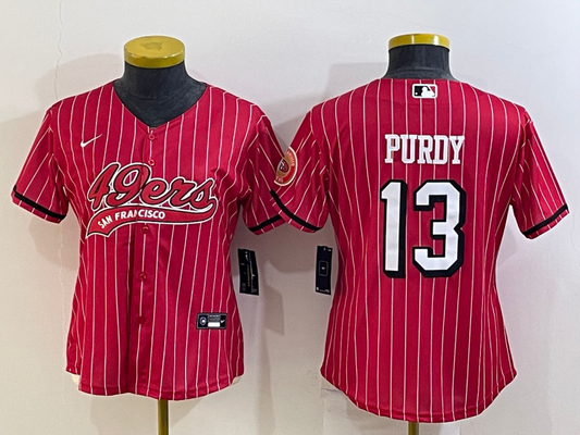 49ers 23/24 Purdy #13 Red/White/Black Stripes Women NFL Baseball Style Jersey