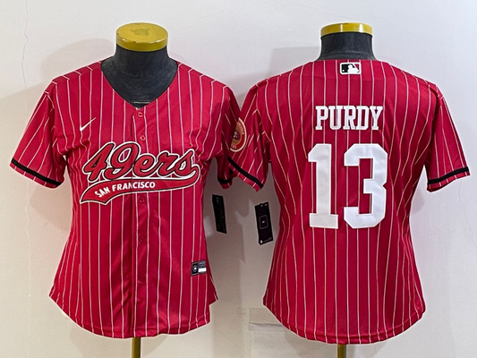 49ers 23/24 Purdy #13 Red/White Stripes Women NFL Baseball Style Jersey