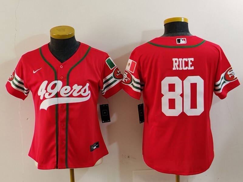 49ers 23/24 Rice #80 Red/White Women NFL Baseball Style Jersey