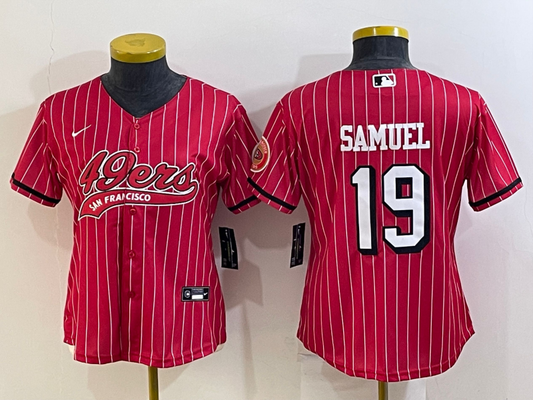 49ers 23/24 Samuel #19 Red/White/Black Stripes Women NFL Baseball Style Jersey