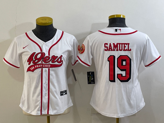 49ers 23/24 Samuel #19 White/Red/Black Women NFL Baseball Style Jersey