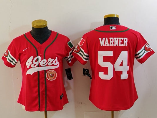 49ers 23/24 Warner #54 Red/White Women NFL Baseball Style Jersey