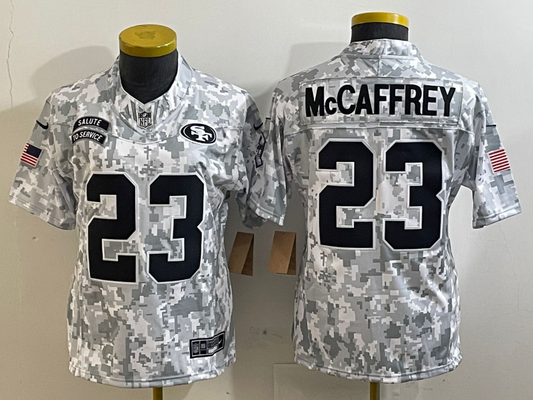 49ers 25/26 McCaffrey #23 Black/Red/Yellow Women NFL Jersey