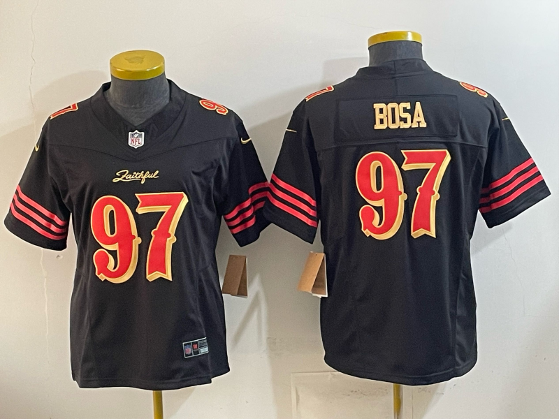 49ers 26/27 Bosa #97 Black/Red/Yellow Women NFL Jersey