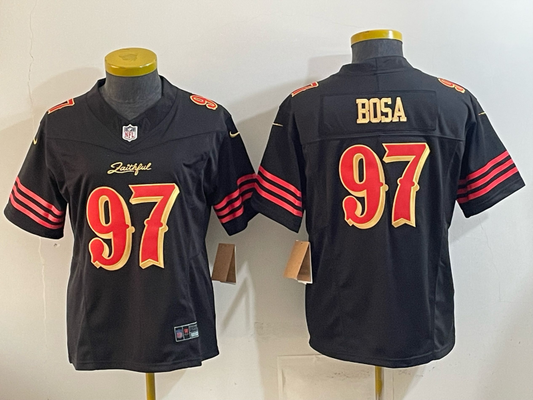 49ers 26/27 Bosa #97 Black/Red/Yellow Women NFL Jersey