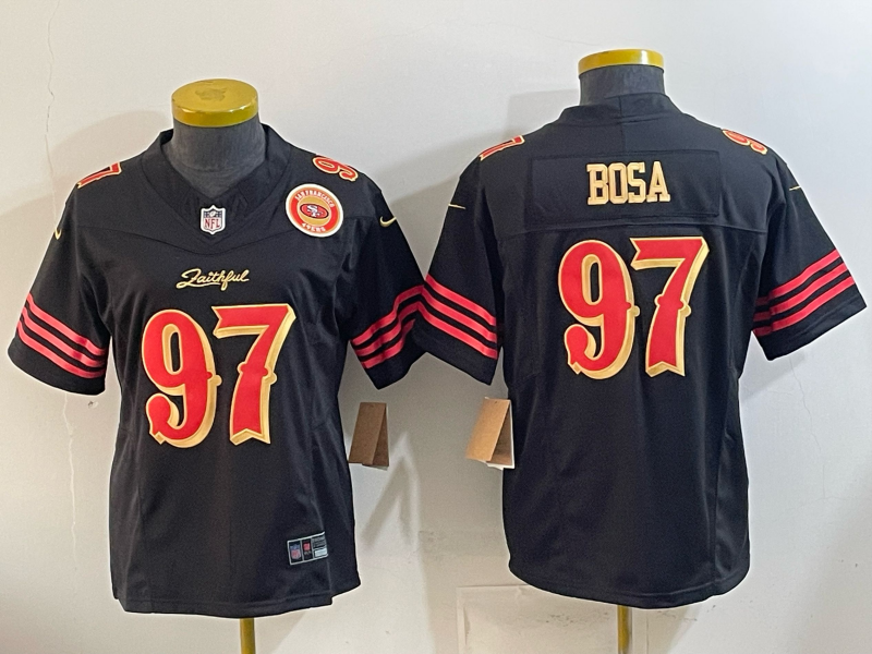 49ers 26/27 Bosa #97 Black/Red/Yellow Women NFL Jersey