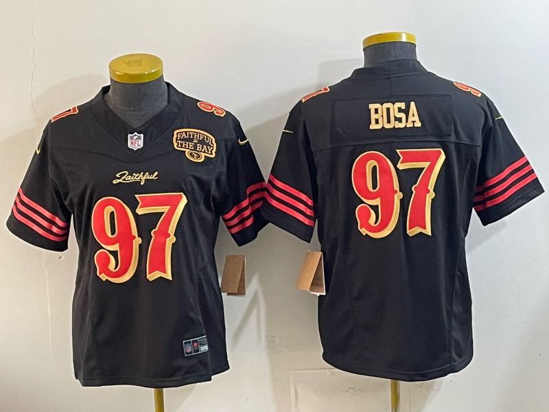 49ers 26/27 Bosa #97 Black/Red/Yellow Women NFL Jersey