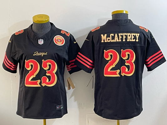 49ers 26/27 McCaffrey #23 Black/Red/Yellow Women NFL Jersey