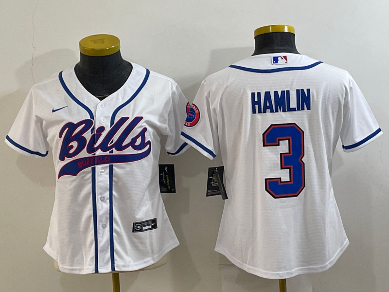 Bills 2022/23 Hamlin #3 White/Blue Women NFL Baseball Style Jersey