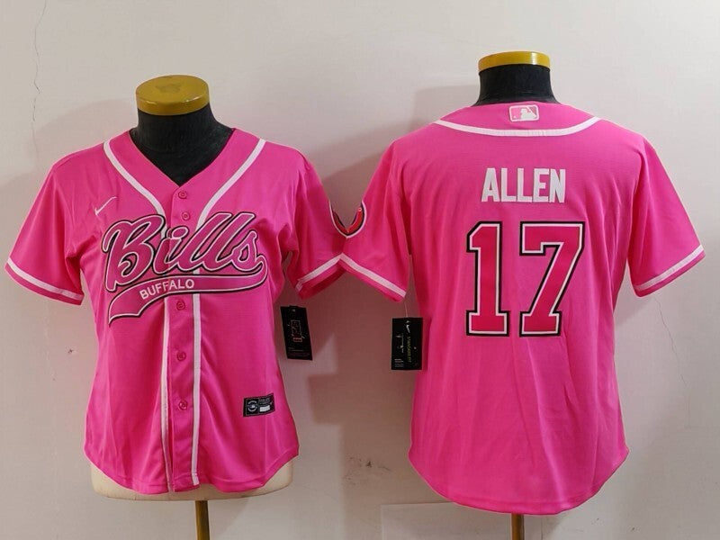 Bills 2023/24 Allen #17 Pink/White Women NFL Baseball Style Jersey