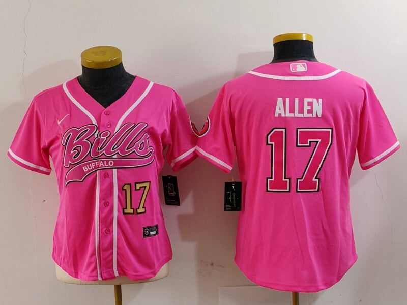 Bills 2023/24 Allen #17 Pink/White Women NFL Baseball Style Jersey