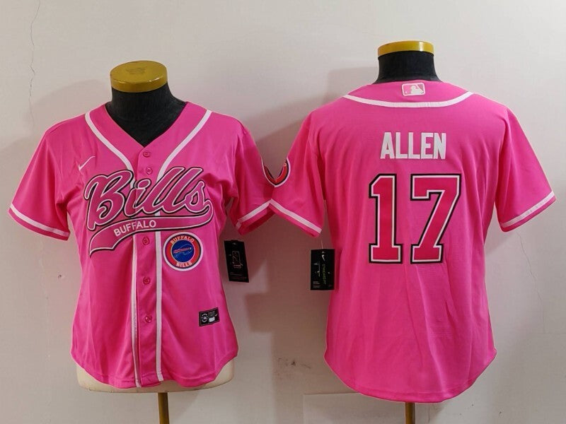 Bills 2023/24 Allen #17 Pink/White Women NFL Baseball Style Jersey