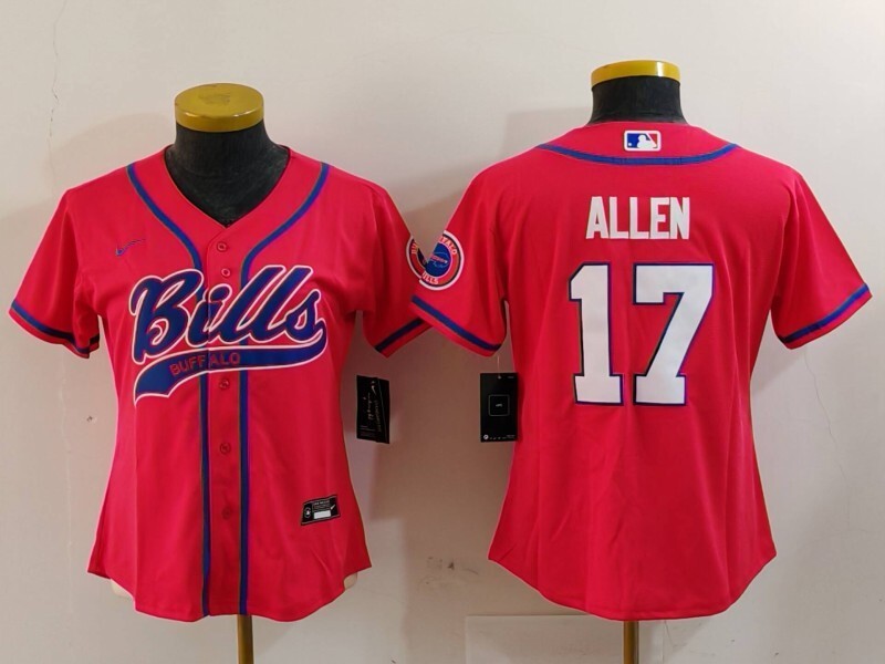 Bills 2023/24 Allen #17 Red/Blue/White Women NFL Baseball Style Jersey