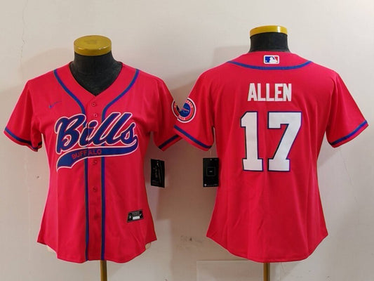 Bills 2023/24 Allen #17 Red/Blue/White Women NFL Baseball Style Jersey