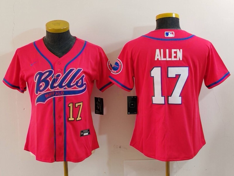 Bills 2023/24 Allen #17 Red/Blue/White Women NFL Baseball Style Jersey