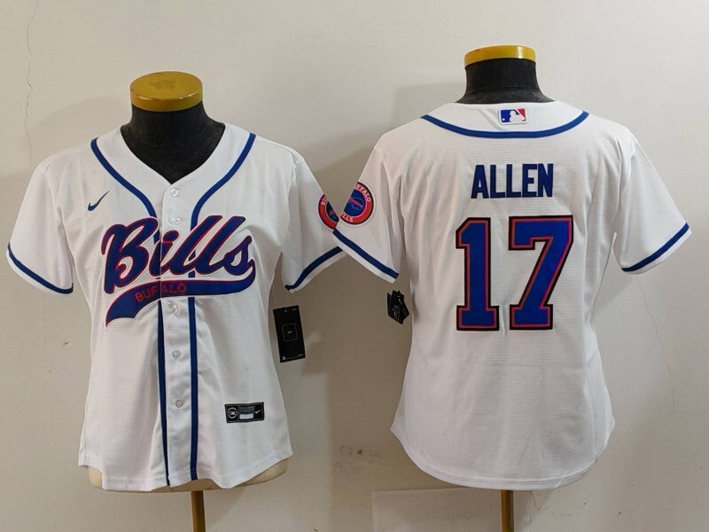 Bills 2023/24 Allen #17 White/Blue Women NFL Baseball Style Jersey