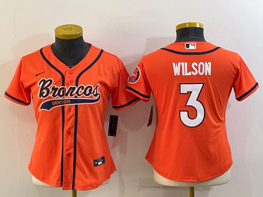 Broncos 2021/22 Wilson #3 Orange/Navy/White Women NFL Baseball Style Jersey