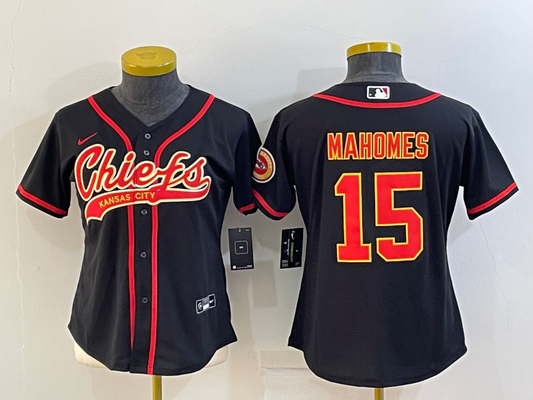 Chiefs 2021/22 Mahomes #15 Black/Red/Orange Women NFL Baseball Style Jersey