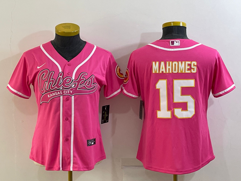 Chiefs 2021/22 Mahomes #15 Pink/White/Gold Women NFL Baseball Style Jersey