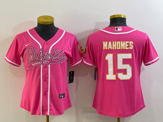 Chiefs 2021/22 Mahomes #15 Pink/White/Gold Women NFL Baseball Style Jersey
