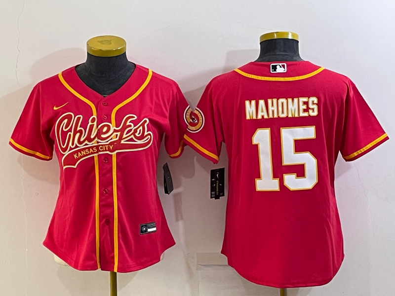 Chiefs 2021/22 Mahomes #15 Red/White/Yellow Women NFL Baseball Style Jersey