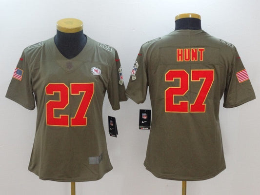 Chiefs 2023/24 Hunt #27 Olive/Red/Yellow Women NFL Jersey